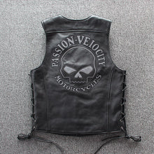 Cargar imagen en el visor de la galería, Plus Size Cycling Wear Cow Skin Leather Vest Vintage Motorcycle Skull Leather Vest Black Color