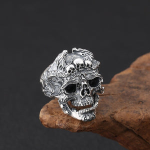 Wholesale S925 Sterling Silver Vintage Thai Siver Rock&Punk Style Domineering Skull Men's Ring Locomotive Open Ended Ring