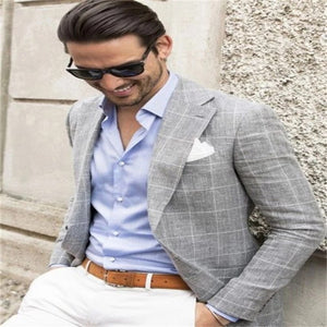Americana a cuadros gris para hombre, chaqueta ajustada con solapa y muescas, mezcla de algodón. 5XL