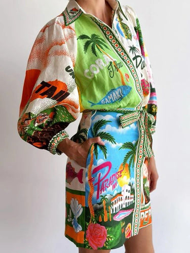 Vestido Paradise manga acampanada estampado Vintage. 2XL