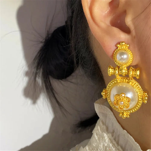 Pendientes grandes de Metal con perlas Vintage, chapada en oro