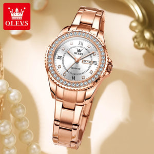 OLEVS-reloj de cuarzo con diamantes para mujer, cronógrafo acero inox, resistente al agua, luminoso, doble Calendario, de lujo