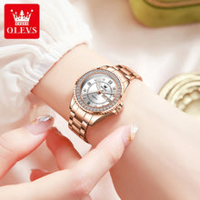 Cargar imagen en el visor de la galería, OLEVS-reloj de cuarzo con diamantes para mujer, cronógrafo acero inox, resistente al agua, luminoso, doble Calendario, de lujo