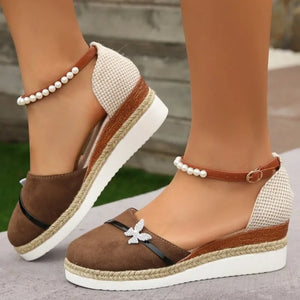 Sandalias con cuña y perlas para mujer, zapatos informales mariposa, verano