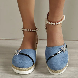 Sandalias con cuña y perlas para mujer, zapatos informales mariposa, verano