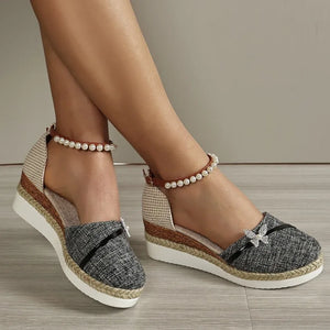 Sandalias con cuña y perlas para mujer, zapatos informales mariposa, verano