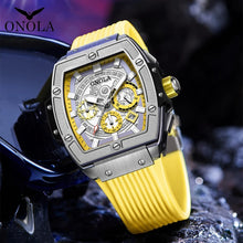 Cargar imagen en el visor de la galería, Reloj barril Tonneau para hombre, cronógrafo de cuarzo luminoso, de silicona, deportivo, resistente al agua 50m