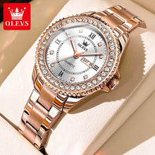 Cargar imagen en el visor de la galería, OLEVS-reloj de cuarzo con diamantes para mujer, cronógrafo acero inox, resistente al agua, luminoso, doble Calendario, de lujo