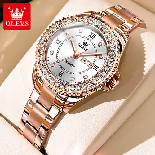 OLEVS-reloj de cuarzo con diamantes para mujer, cronógrafo acero inox, resistente al agua, luminoso, doble Calendario, de lujo