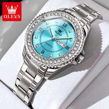 Cargar imagen en el visor de la galería, OLEVS-reloj de cuarzo con diamantes para mujer, cronógrafo acero inox, resistente al agua, luminoso, doble Calendario, de lujo