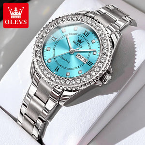 OLEVS-reloj de cuarzo con diamantes para mujer, cronógrafo acero inox, resistente al agua, luminoso, doble Calendario, de lujo