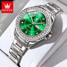 Cargar imagen en el visor de la galería, OLEVS-reloj de cuarzo con diamantes para mujer, cronógrafo acero inox, resistente al agua, luminoso, doble Calendario, de lujo