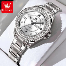 Cargar imagen en el visor de la galería, OLEVS-reloj de cuarzo con diamantes para mujer, cronógrafo acero inox, resistente al agua, luminoso, doble Calendario, de lujo