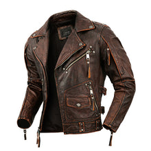 Cargar imagen en el visor de la galería, Chaqueta de cuero genuino para hombre, abrigo ajustado de Estilo Vintage para motociclista, color marrón, talla grande 5XL. Oferta limitada