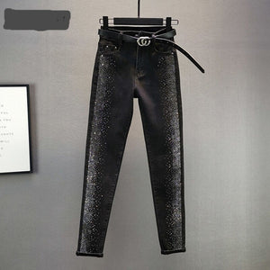 Pantalones vaqueros brillantes cintura alta con diamantes tobilleros 3XL