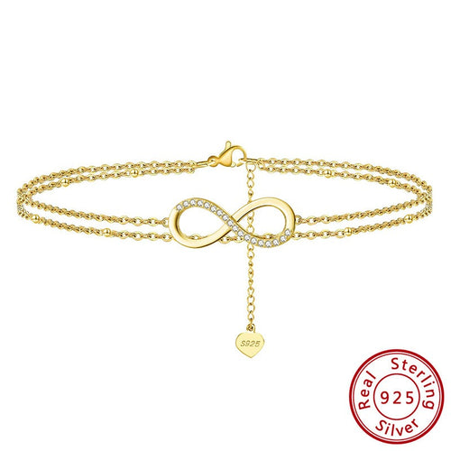 Tobillera Plata Ley 925 chapada oro 14K amor infinito circonitas.