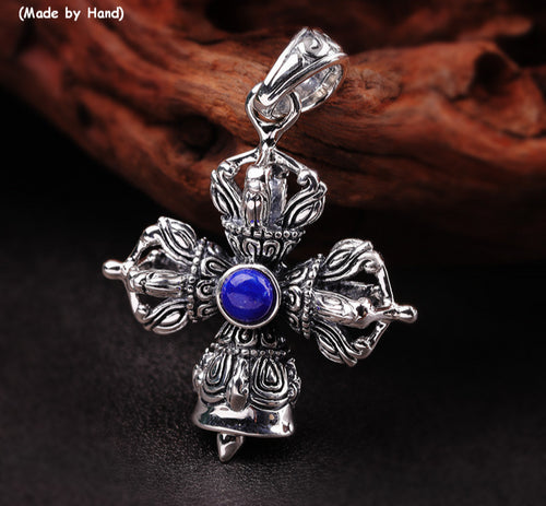 Uglyless Religious Cross Bell Pendants for Men Clinking Thai Silver Vajra Necklaces NO Chain Real 925 Silver Lapis Jewelry P1162