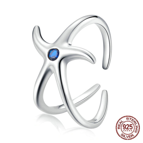 Anillo estrella mar, CZ azul, ajustable plata de ley 925