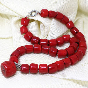 Collar de Piedra Coral Rojo Natural cuentas tonel 11-15mm Irregulares cobre chapado plata Collar 26cm AAA