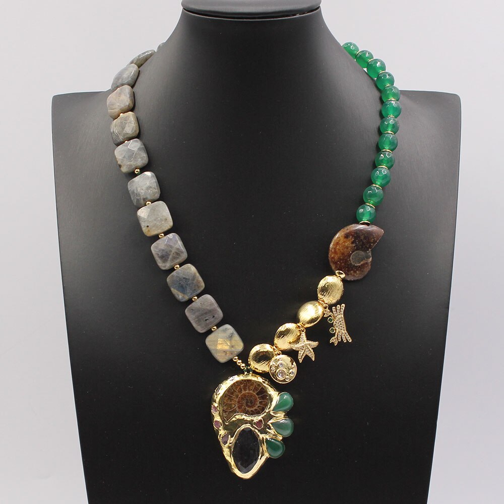 Chackra collection: Collar ágatas verdes circonia cúbica fósil labradorita verde, chapado en oro