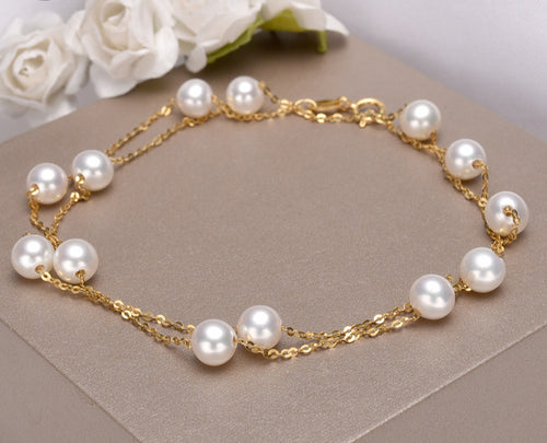 [YS] 18K Gold 5-5.5mm White Pearl Necklace China Freshwater Pearl Necklace Jewelry