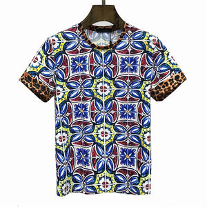 Camisetas masculinas en mosaico azul mediterraneo algodon puro. 4XL