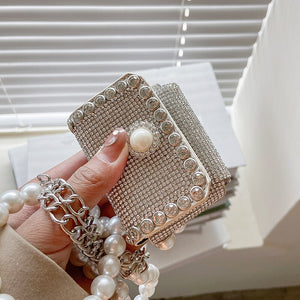 Micro bolso joya piel sintética diamantes y perlas. 8x6x2 cm
