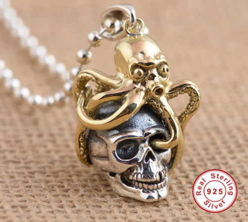 BALMORA New Solid 925 Sterling Silver Skull & Octopus Pendants for Women Men Vintage Skeleton Silver Jewelry Accessories SY13206