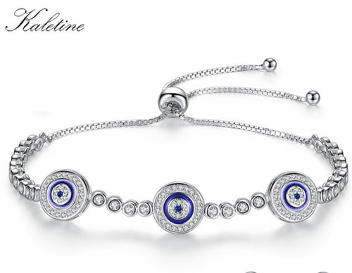 Women Evil Eye Lucky Hamsa Bracelet Genuine 925 Sterling Silver Men Luxury Round Blue Eyes CZ Crystal Tennis Bracelet KLTB014