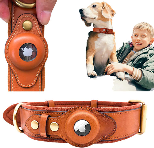 Funda con soporte Airtag para perro, Collar de cuero sólido y antipérdida, de alta resistencia