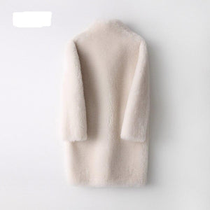 Abrigo de piel  autentica y lana mujer, Color crema y negro, 5XL