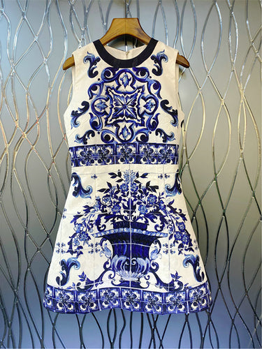 Mosaic dress: estampado de porcelana azul y blanca, sin mangas XL