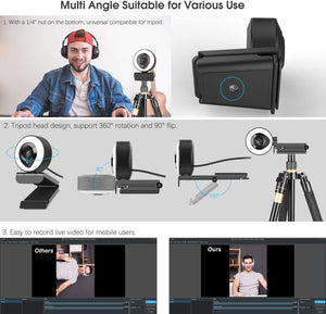 Webcam Streaming 1080P Full HD with Dual Microphone and Ring Light, Aoboco USB Pro Web Camera Stream for Mac Windows Laptop Twitch Xbox One Skype YouTube OBS Xsplit