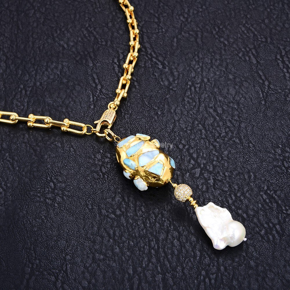 Collar cadena estribos 50cm acero inoxidable chapado oro, perla Keshi, piedra azul Larimar.