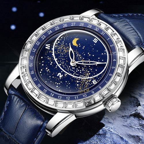 Celestial, Reloj azul de lujo con incrustaciones de diamantes, cuero, resistente al agua.