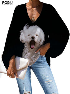 Blusa holgada V manga abollonada perros malteses, talla grande 2XL