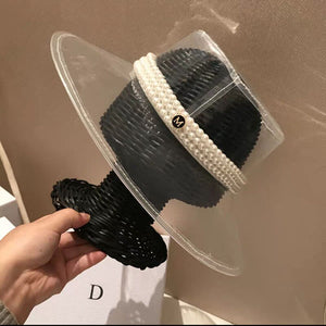 Sombrero cubo PVC transparente, cosido con perlas, sombrero de ala grande, pasarela.