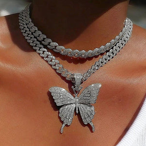 Gargantilla de eslabones cubanos colgante de mariposa, Hip Hop, diamantes de imitación.