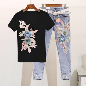 Pantalones vaqueros y blusa flores bordado 3D 2 piezas. 3XL