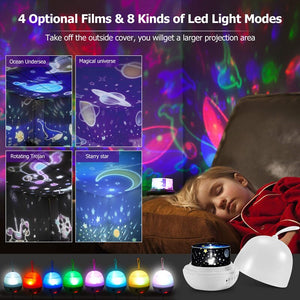 Proyector de estrellas, lámpara LED universal giratoria 360, 4 películas de colores