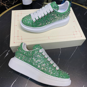 Zapatos piel oveja blancos clásicos con diamantes de imitación, McQueen glitter. 35-44