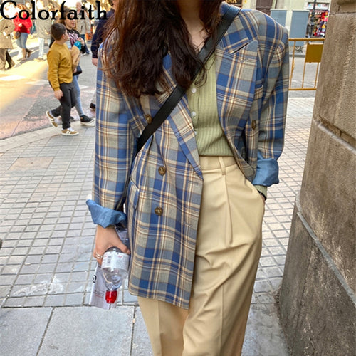 Colorfaith New 2020 Autumn Winter Women's Blazers Oversize Plaid Buttons Pockets Jackets Notched Vintage Checkered Tops JK6100