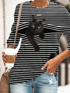 Striped Cat Print Fashion Casual Long-sleeved T-shirt Retro Classic Black White Striped O-neck Pullover Tops Women Street Tshirt