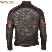 Cargar imagen en el visor de la galería, Black Embroidery Skull Motorcycle Leather Jackets 100% Natural Cowhide Moto Jacket Biker Leather Coat Winter Warm Clothing M219