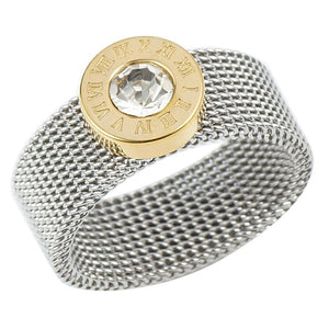 Stainless Steel Gold Ring Big Round Crystal Mesh Finger Ring Roman Numerals Rings for Women Men Fashion Brand Jewelry