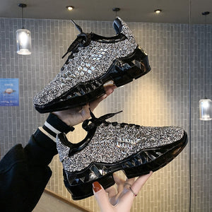 2020 New Women Chunky Sneakers Designer Dad Shoes Platform Shining Black Silver Ladies Bling Fashion Leather Casual Shoes Woman