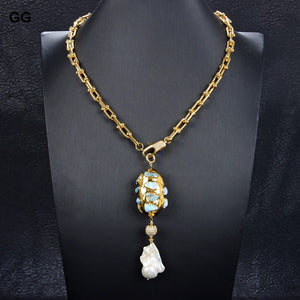 Collar cadena estribos 50cm acero inoxidable chapado oro, perla Keshi, piedra azul Larimar.