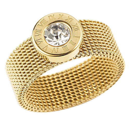 Stainless Steel Gold Ring Big Round Crystal Mesh Finger Ring Roman Numerals Rings for Women Men Fashion Brand Jewelry