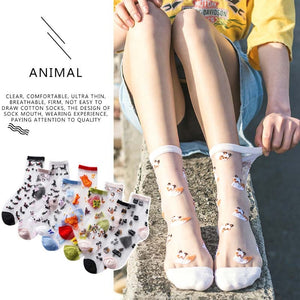 2020 Spring Summer Glass Silk Socks Women Cute Animal Japanese Style Socks Ultra-thin Transparent Embroidery Socks As A Gift
