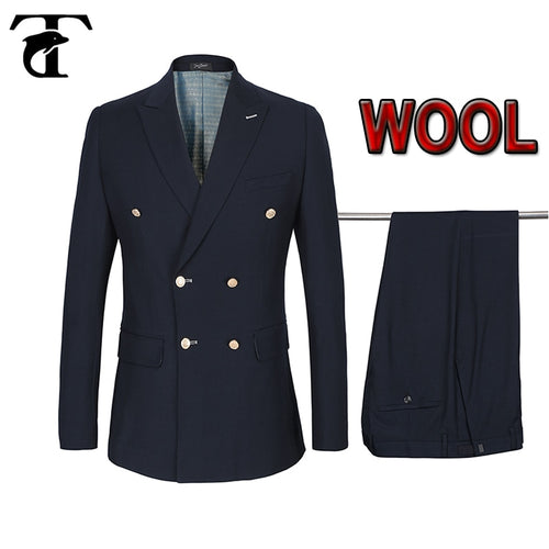 Double-breasted Men Suits 2020 Jacket Suit Terno 50% Wool Gold Buttons Costume Homme Blazers+Pants Casual Slim Fit Marriage Set